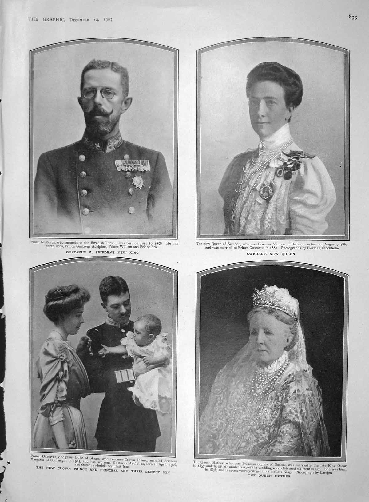 Original Old Antique Print 1907 Sweden Queen Gustavus Sophia King Oscar Eugene