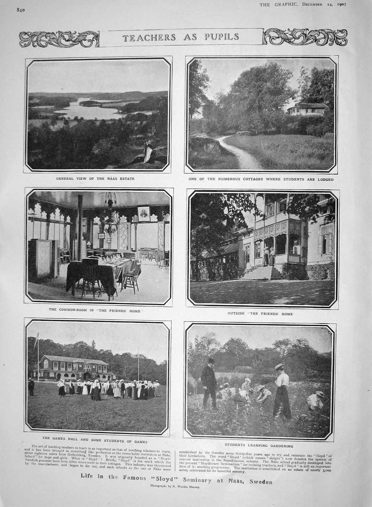 Original Old Antique Print 1907 Sloyd Seminary Naas Sweden Students Dining Room