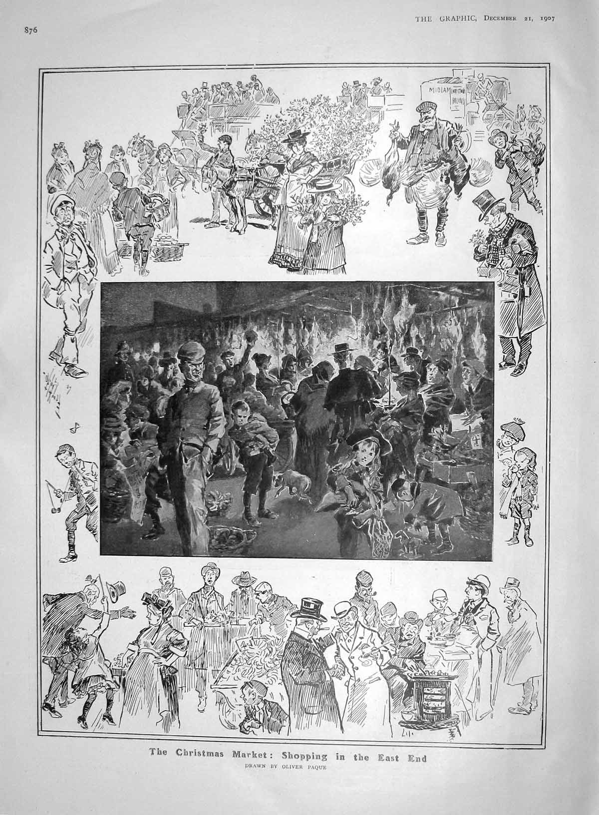 Original Old Antique Print 1907 London Christmas Market Zimbalist Thames Flood