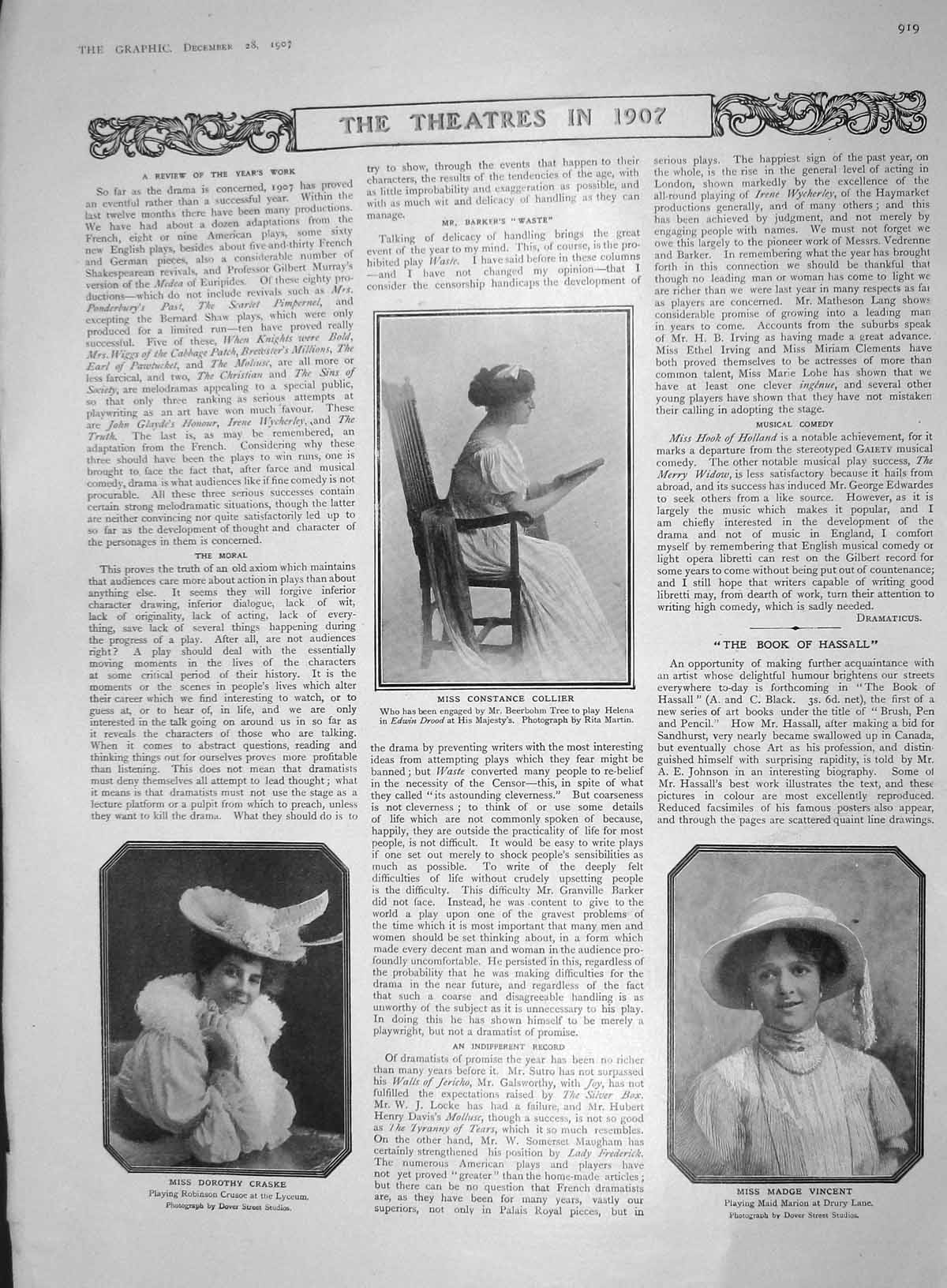 Original Old Antique Print 1907 Theatre Collier Madge Vincent Dorothy Craske