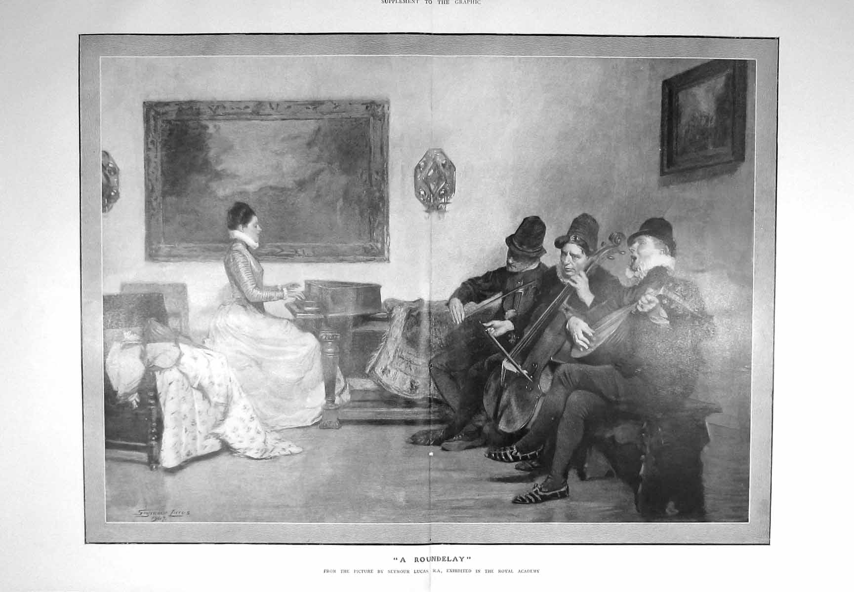 Old Antique Print 1907 Roundelay Men Lady Music Instruments Piano Lucas 20th