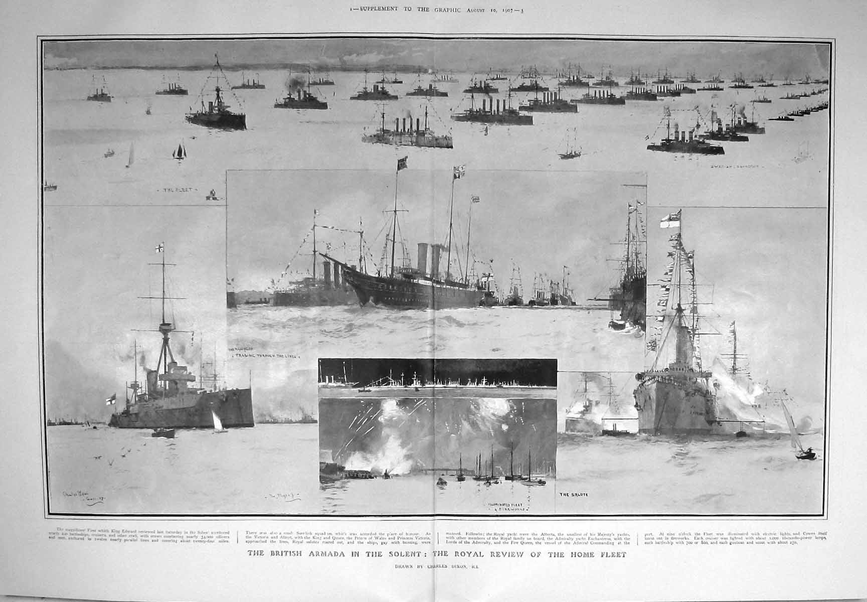 Original Old Antique Print 1907 British Armada Solent Ships Royal Yacht Edward