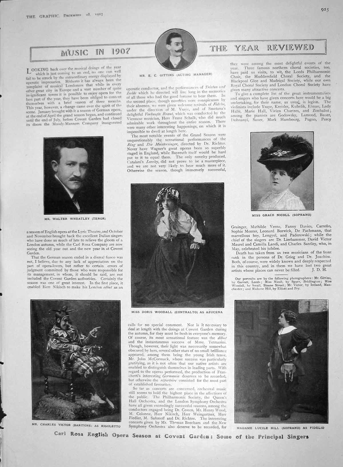 Old Antique Print 1907 Music Wheatley Nicoll Woodall Opera Hill Sentinel 20th