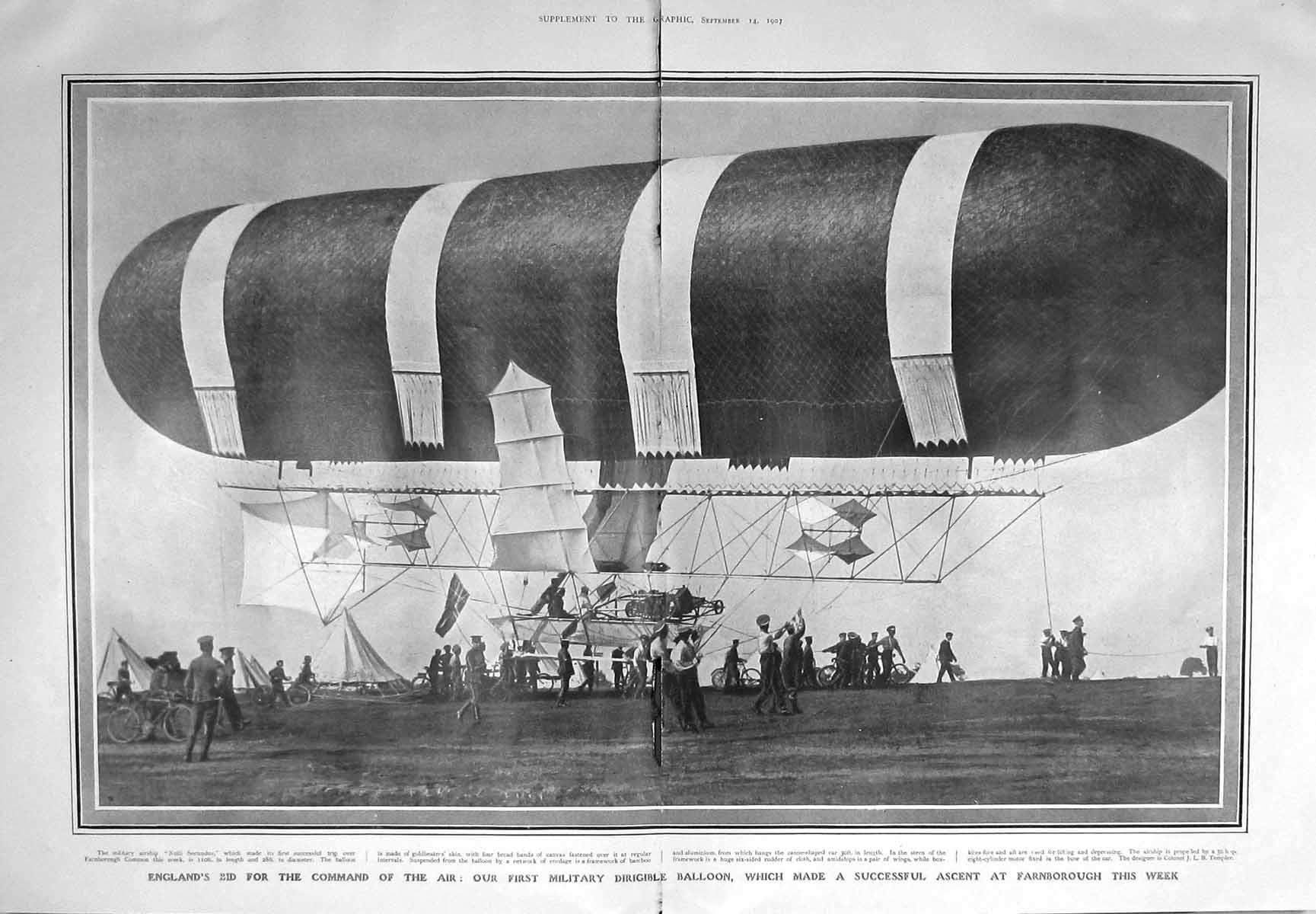 Original Old Antique Print 1907 England Military Dirigible Balloon Farnborough