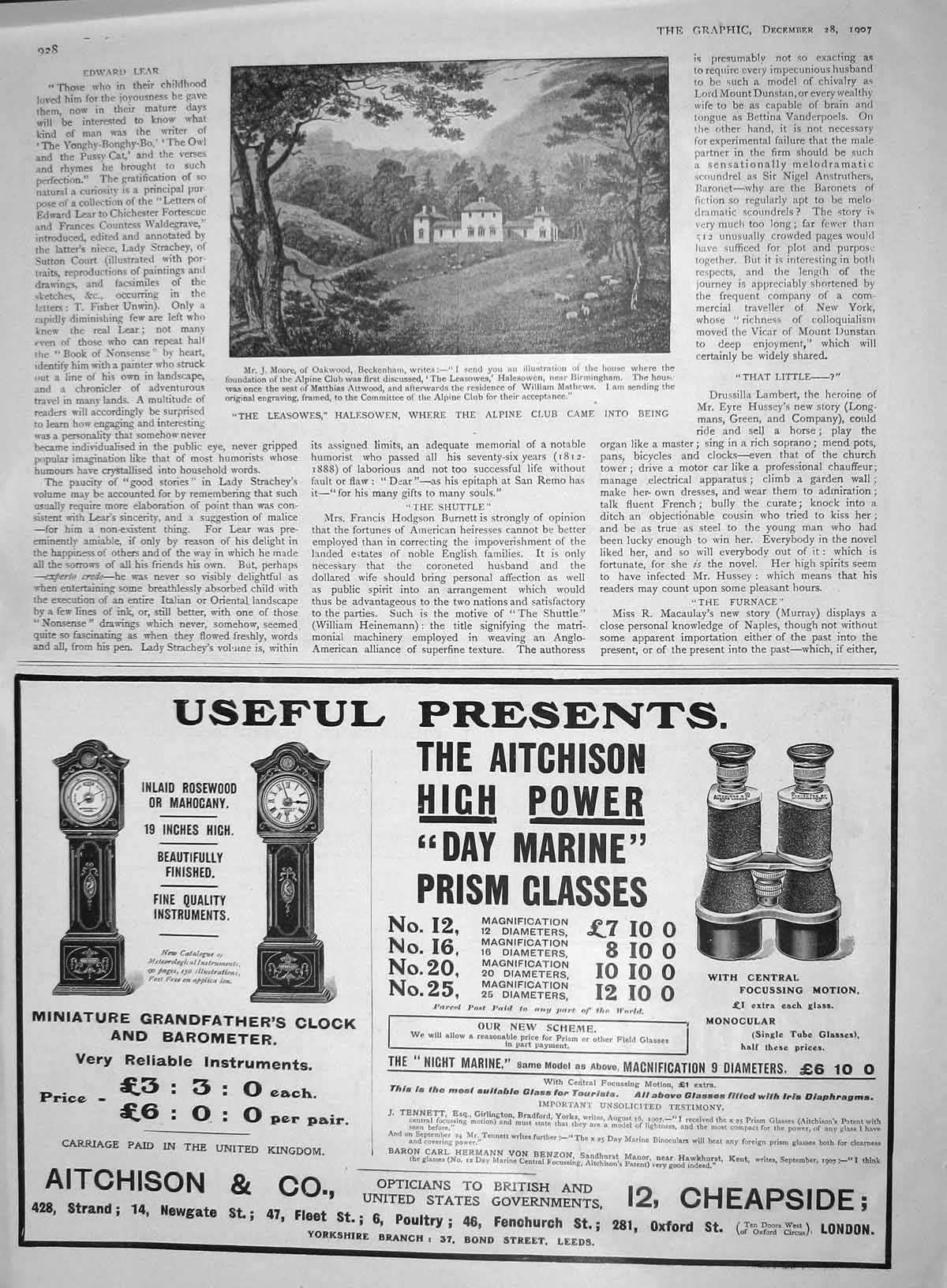 Original Old Antique Print 1907 Leasowes Halesowen Alpine Clun Moore Oakwood