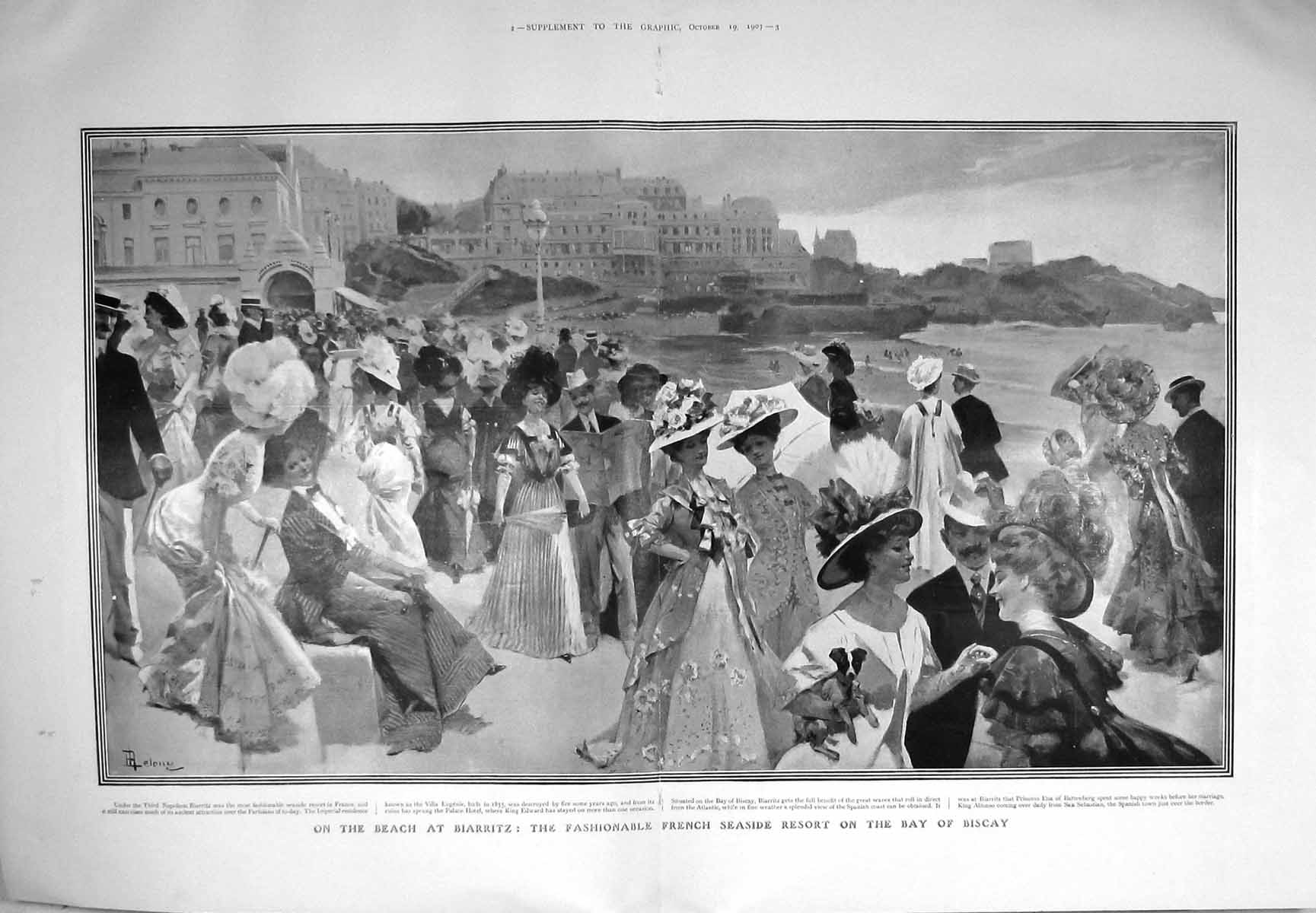 Old Antique Print 1907 Beach Biarritz French Seaside Resort Bay Biscay 20th