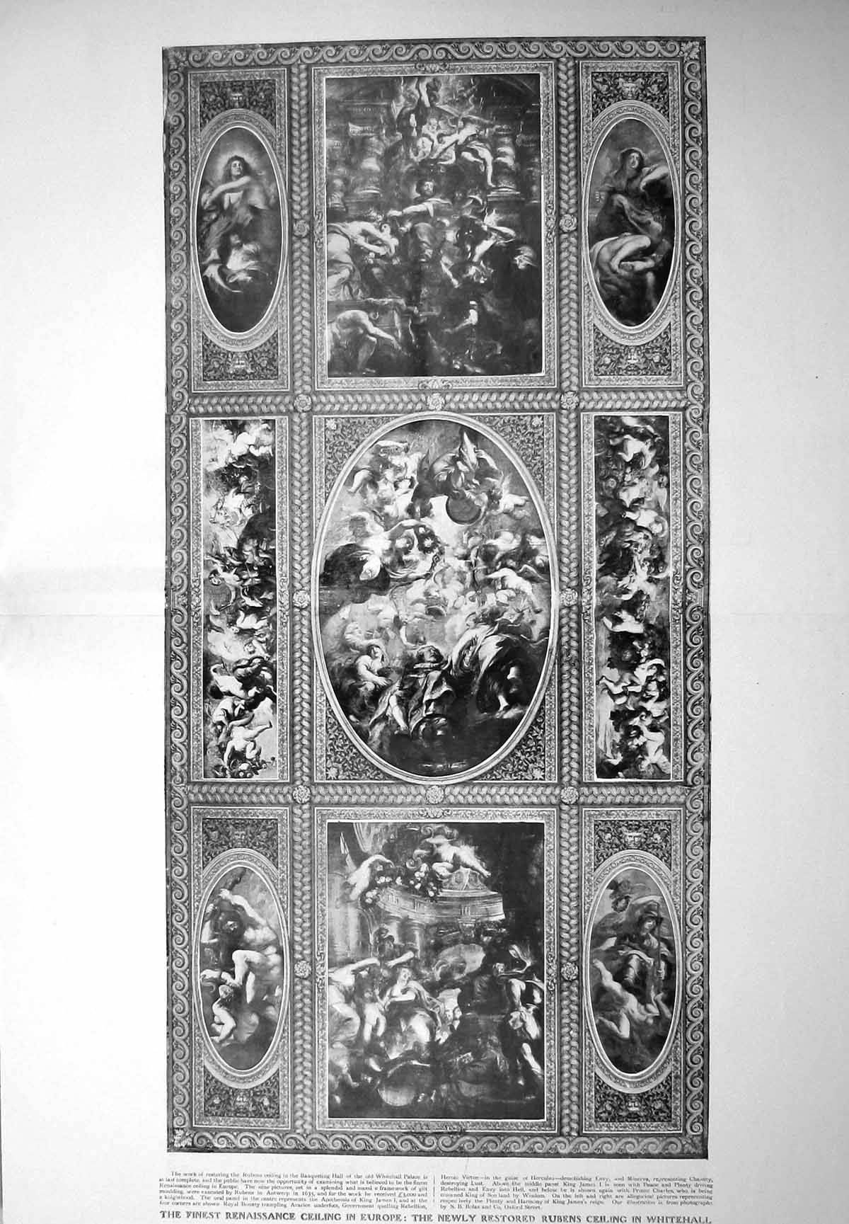 Antique Old Print 1907 Renaissance Ceiling Europe Rubens Whitehall Palace 20th