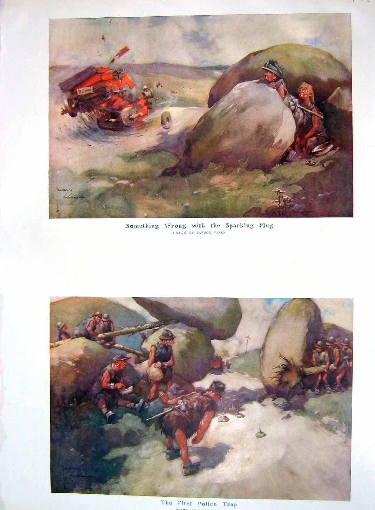 Original Old Antique Print 1907 Colour Police Trap Car Crash Stone-Age 20th