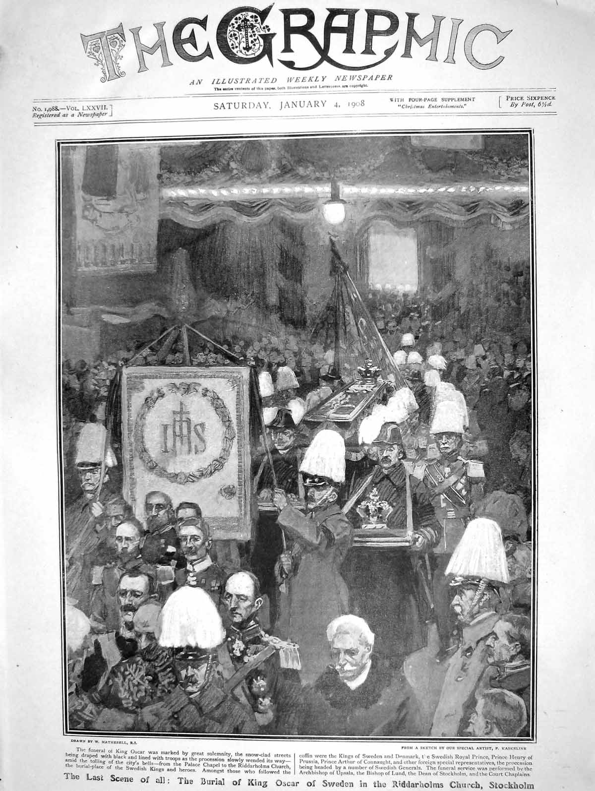 Original Old Antique Print 1908 Funeral King Oscar Sweden Riddarholms Stockholm