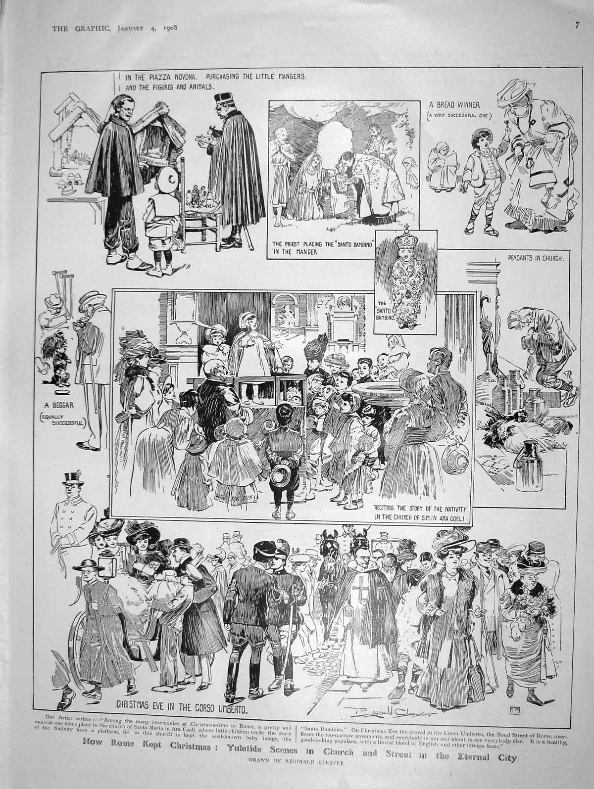 Original Old Antique Print 1908 Christmas Corso Umberto Talbot Hardy Bull Grant