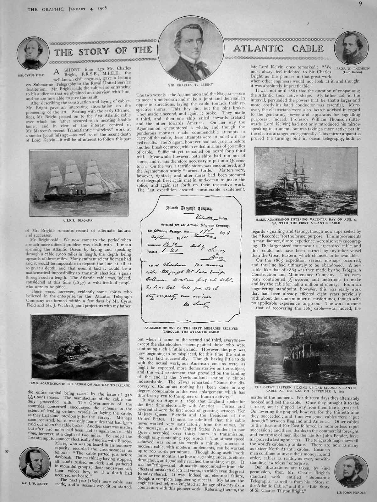 Original Old Antique Print 1908 Atlantic Cable Bright Pender Ship Pasha Salanfe
