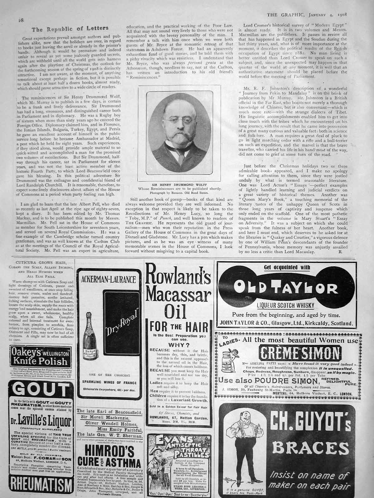 Original Old Antique Print 1908 Portrait Sir Henry Drummond Wolff Author Braces