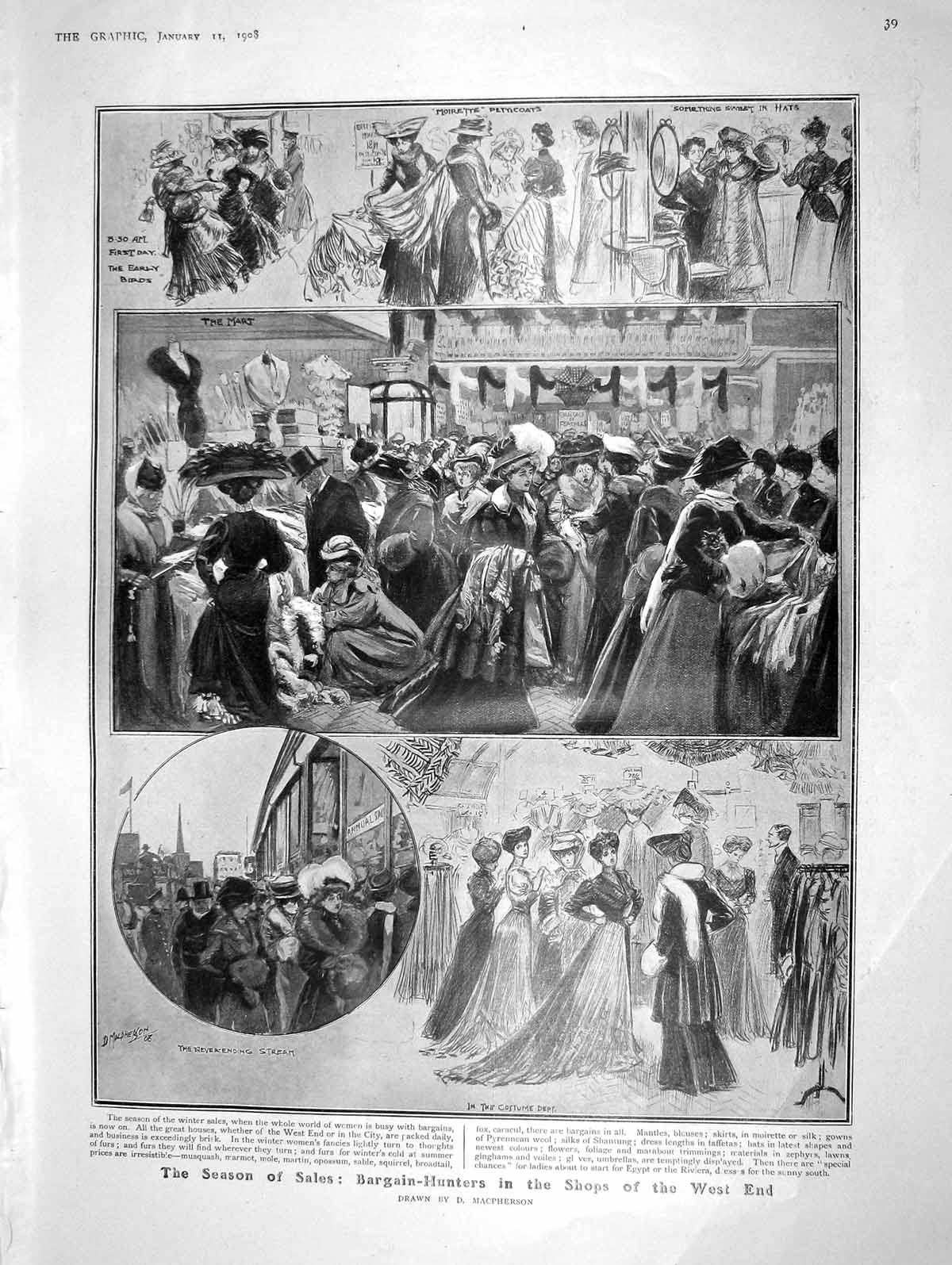 Old Antique Print 1908 Fur Shopping London Lady Lord North Fitzclarence 20th