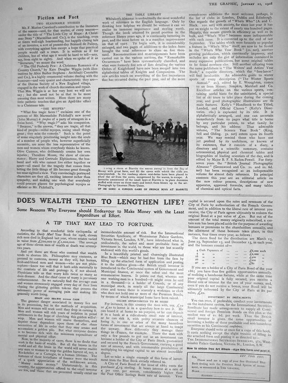 Old Antique Print 1908 Game French Boys Biarritz Storm Vent-Holes Caves 20th