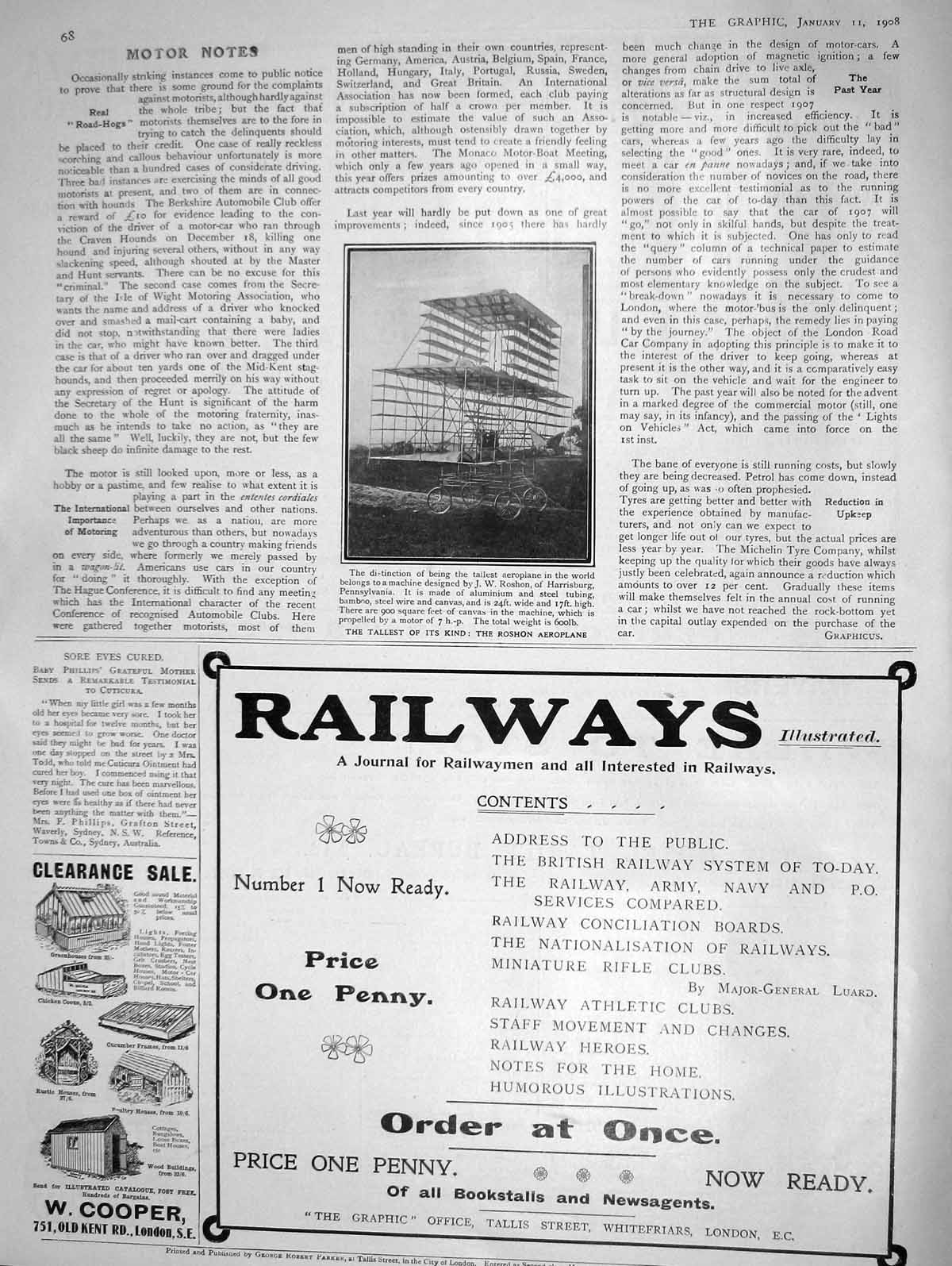 Old Antique Print 1908 Roshon Aeroplane Harrisburg Pennsylvania Railway 20th