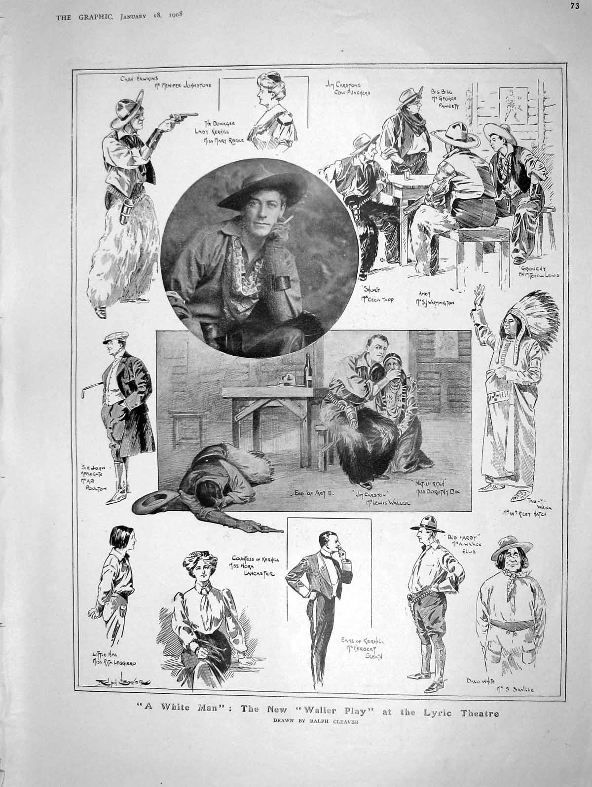 Old Antique Print 1908 White Man Waller Play Lyric Theatre Frith Artist 20th