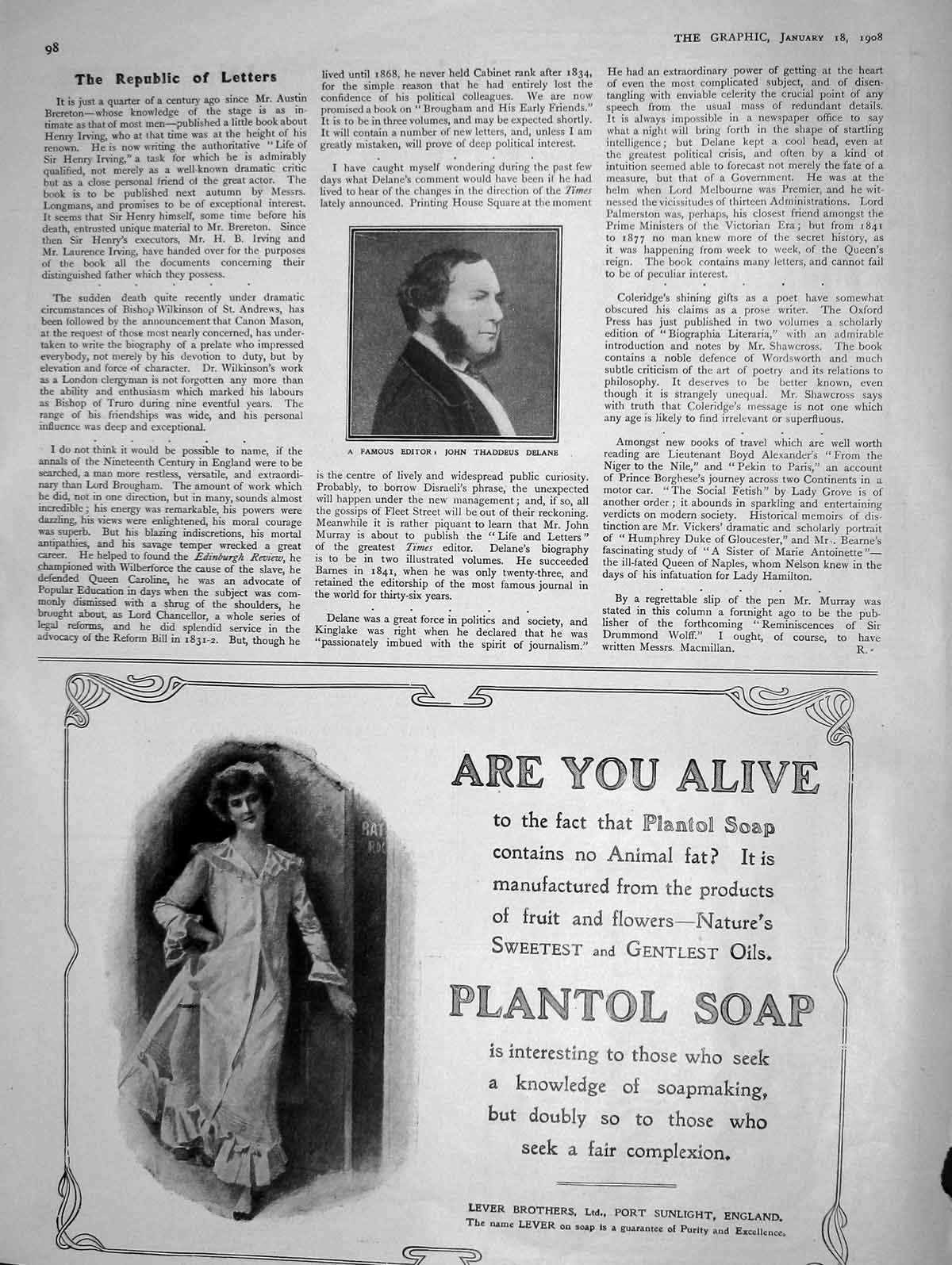 Old Antique Print 1908 Portrait Famous Editor John Thaddeus Delane Soap 20th