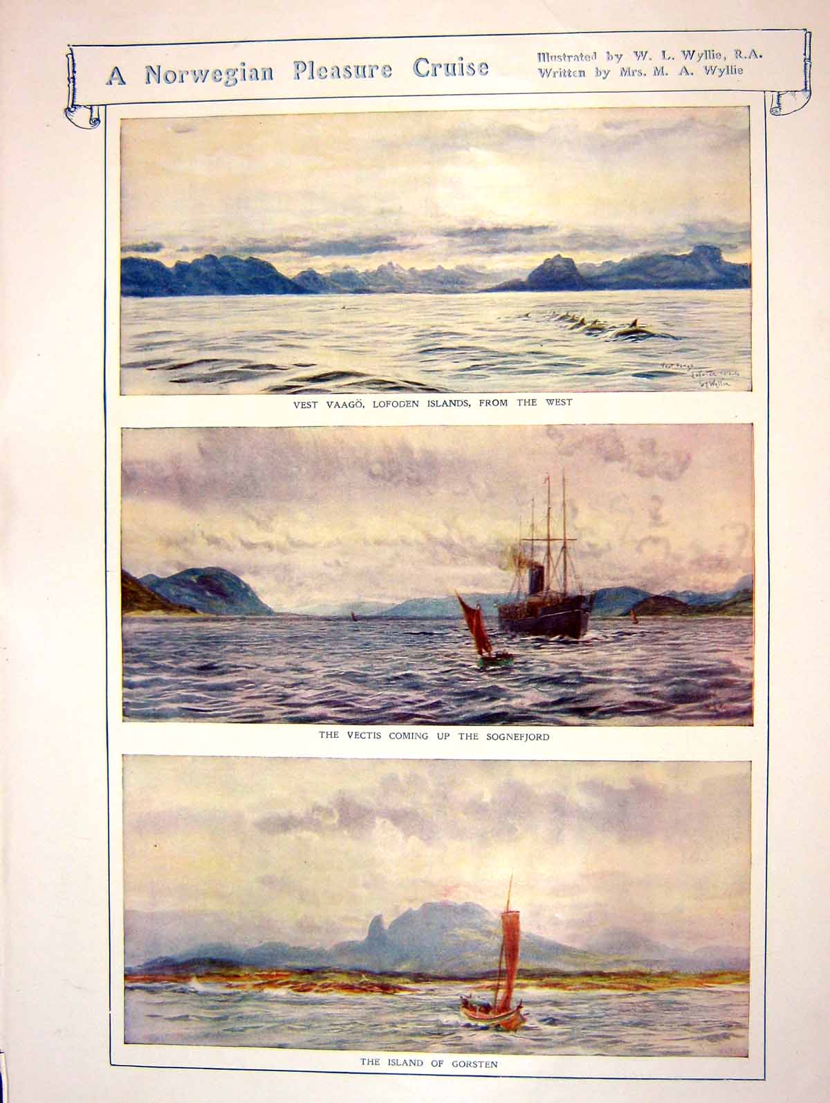 Original Old Antique Print 1908 Norway Gorsten Vaago Lofoden Marok Digermulen
