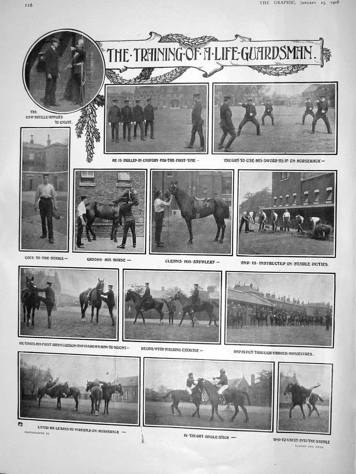 Original Old Antique Print 1908 Training Life Guardsmen Horses Kings Guard War