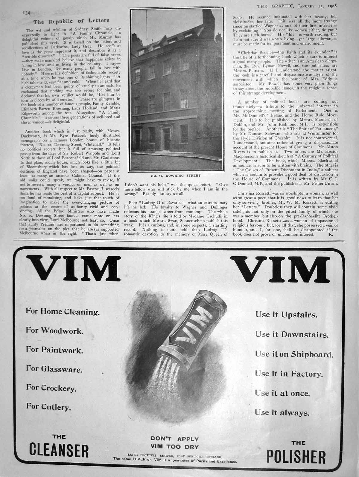 Original Old Antique Print 1908 10 Downing Street London Vim Cleanser Polisher
