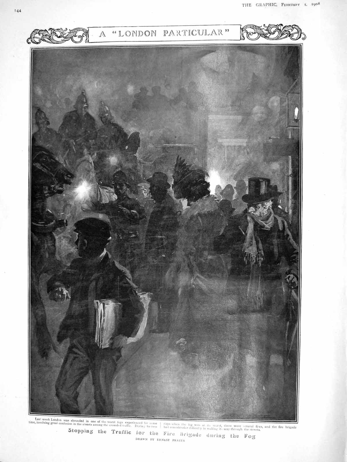 Old Antique Print 1908 London Fire Brigade Fog Louise Ramee Luke Funeral 20th