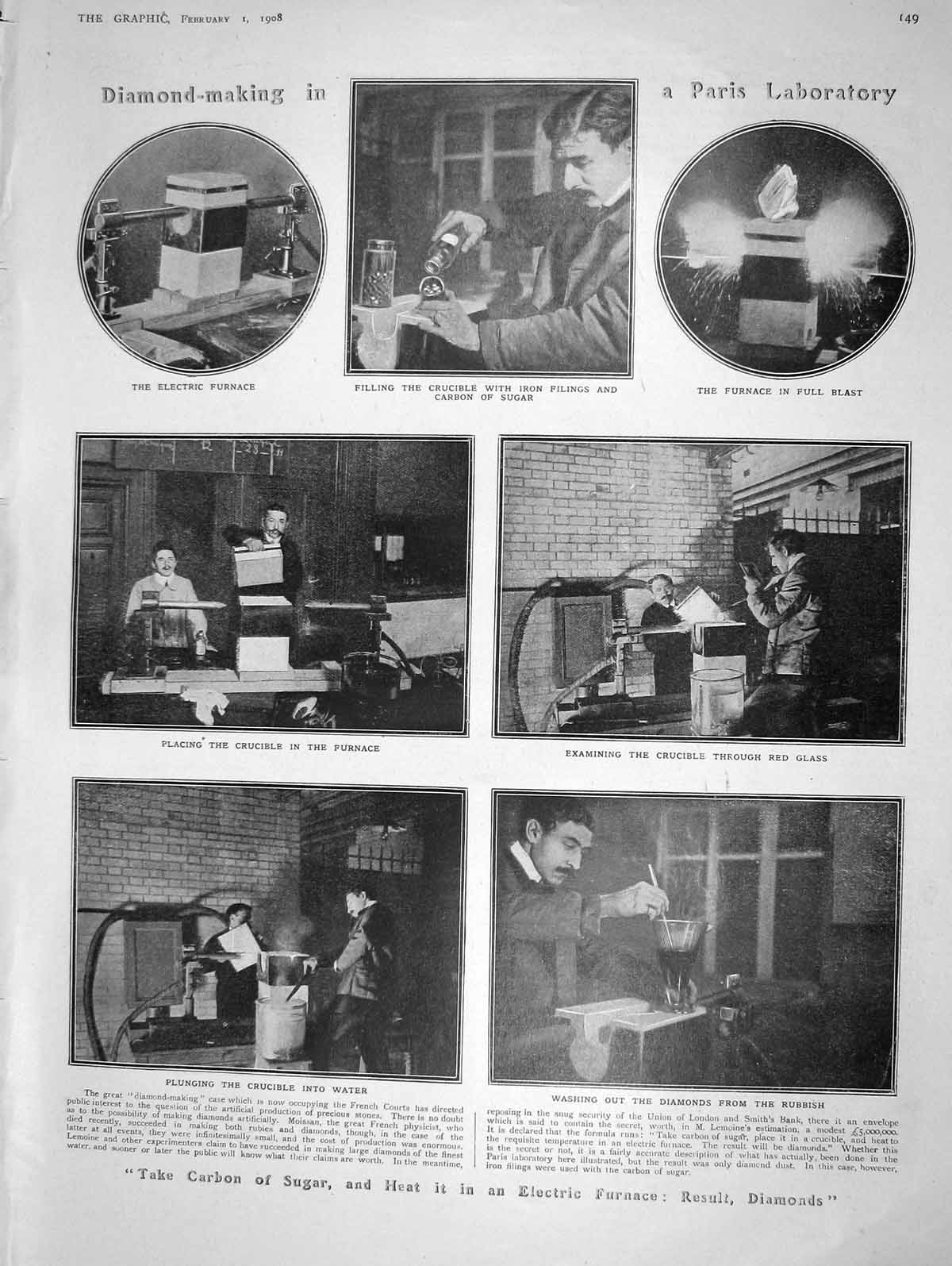Old Antique Print 1908 Paris Laboratory Diamonds Furnace Delcasse France 20th