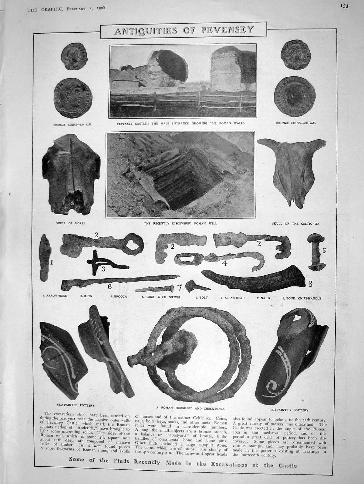 Original Old Antique Print 1908 Archaeology Castle Pevensey Roman Clausen Sims