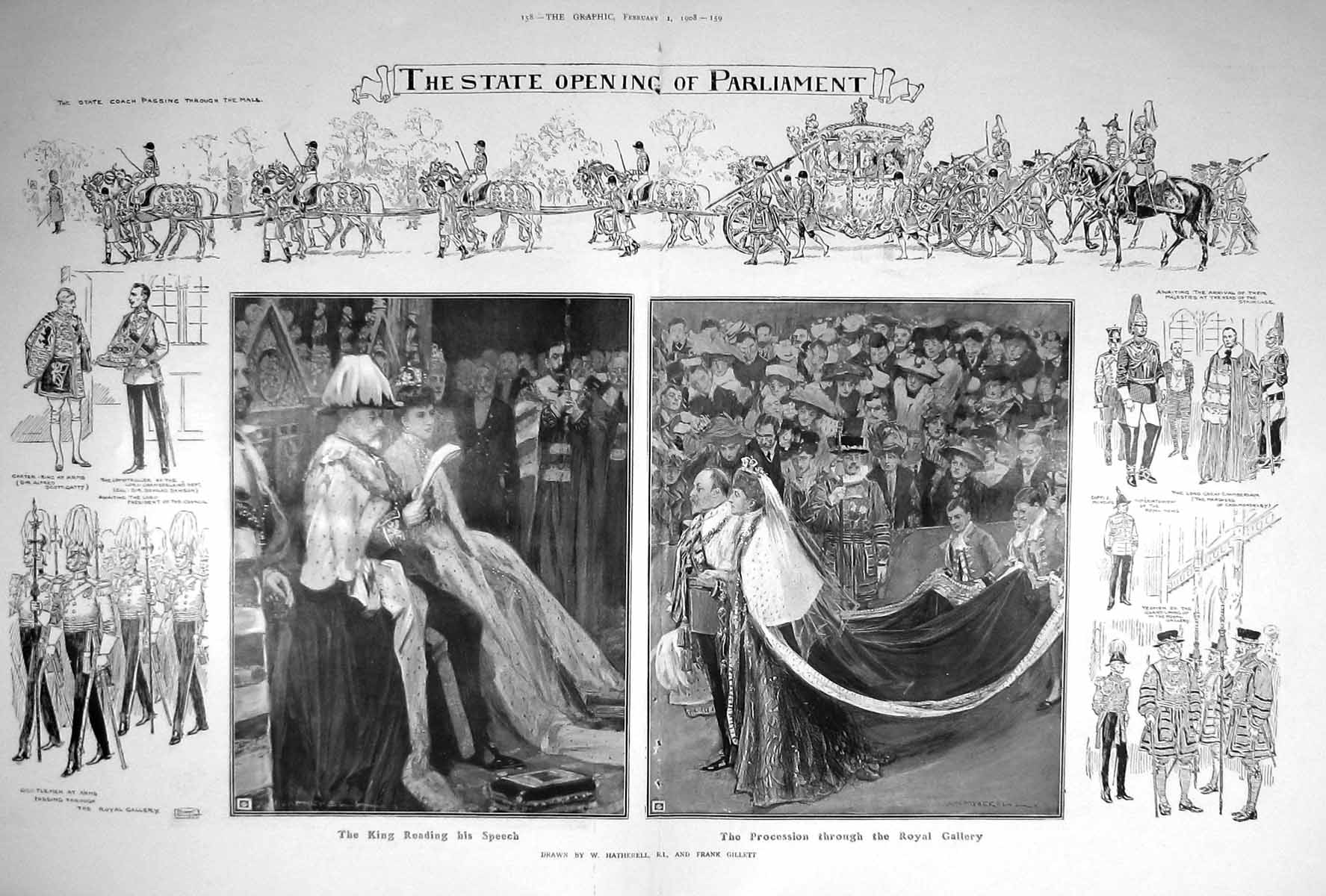 Antique Old Print 1908 Parliament King Speech Dawson State Coach Nicholas 20th