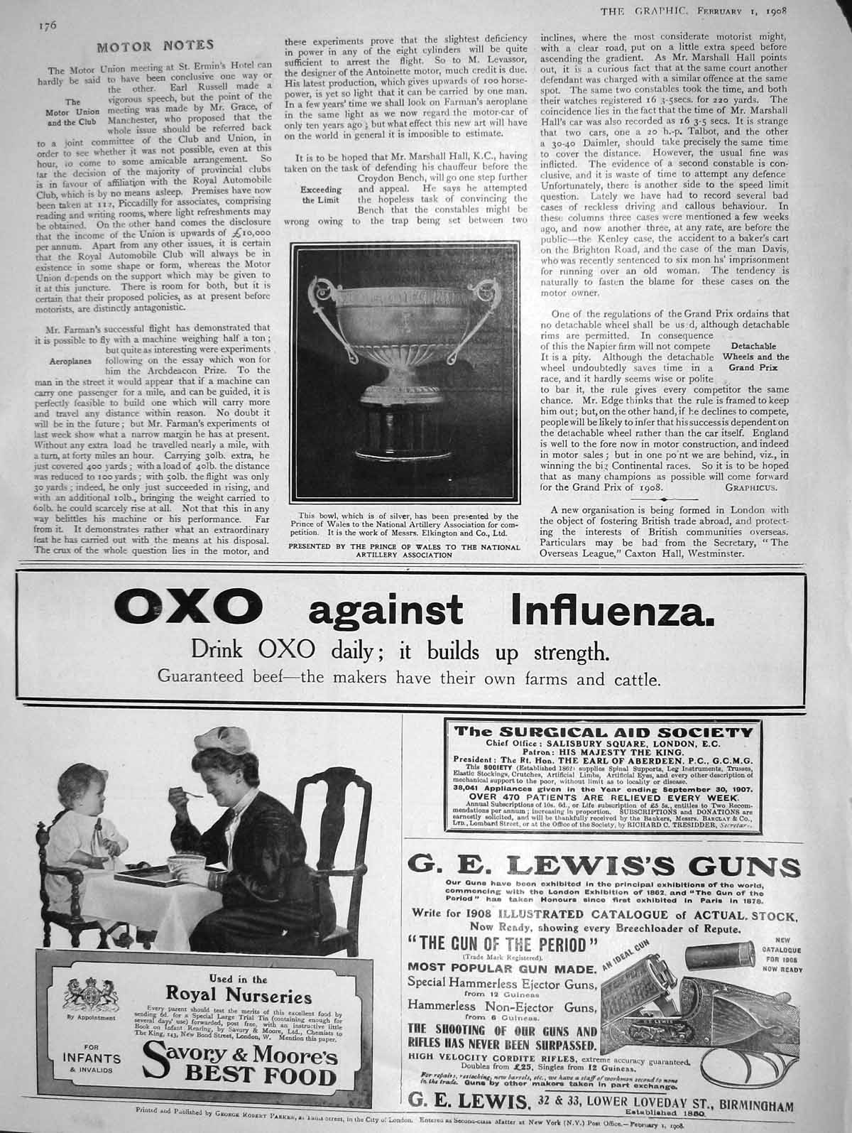 Original Old Antique Print 1908 Silver Bowl Prince Wales National Artillery Oxo