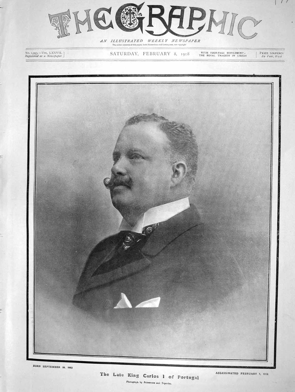 Original Old Antique Print 1908 Portrait King Carlos Portugal Assassinated 20th