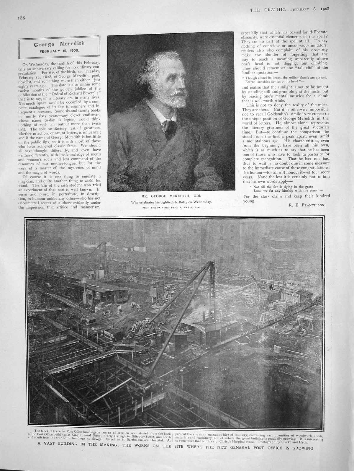 Old Antique Print 1908 George Meredith Works General Post Office Building 20th