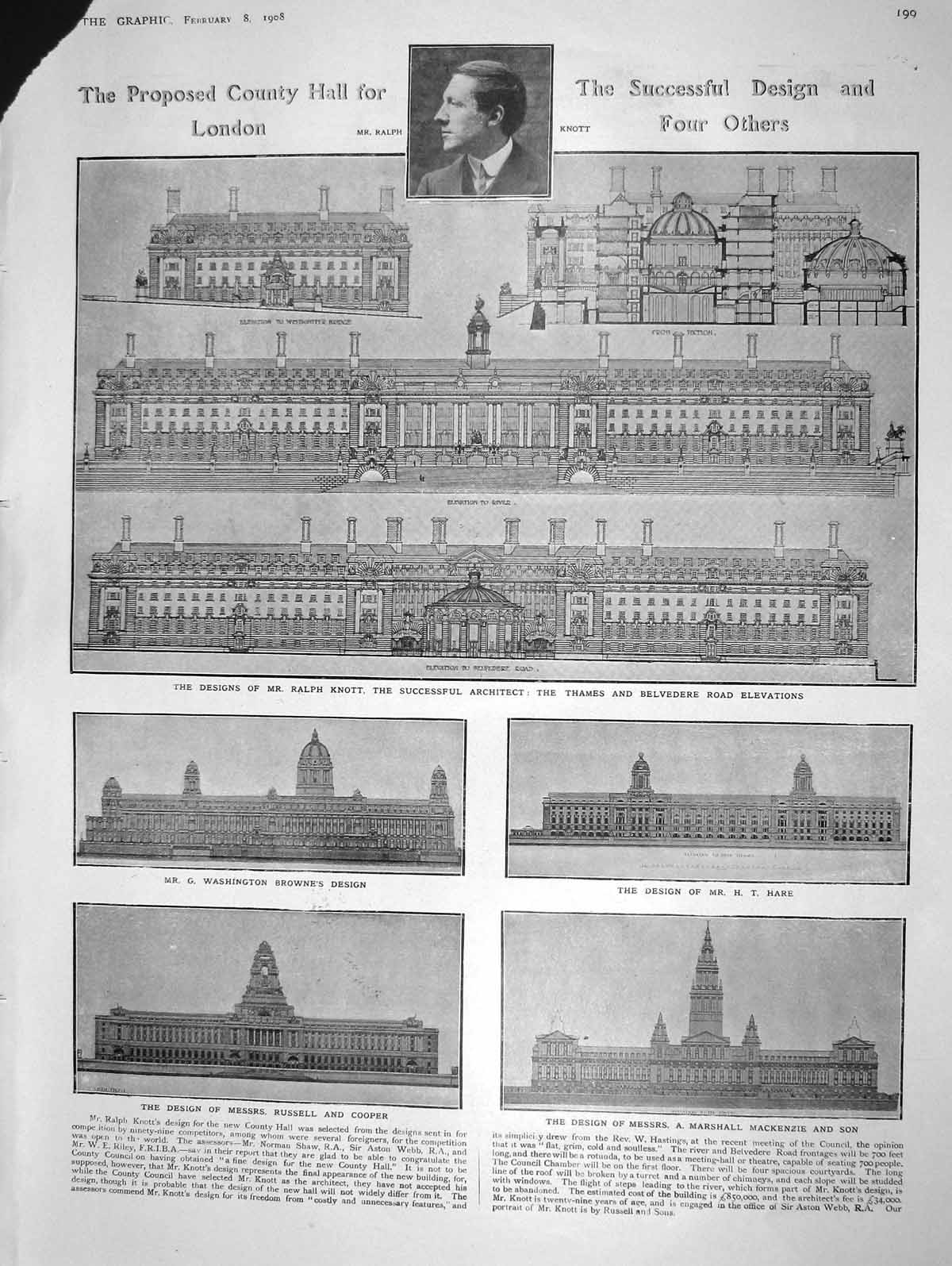 Old Antique Print 1908 Architecture County Hall London Knott Hare Cooper 20th