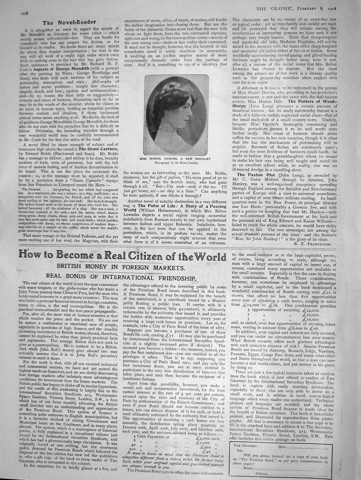 Original Old Antique Print 1908 Portrait Miss Muriel Darche Novelist 20th