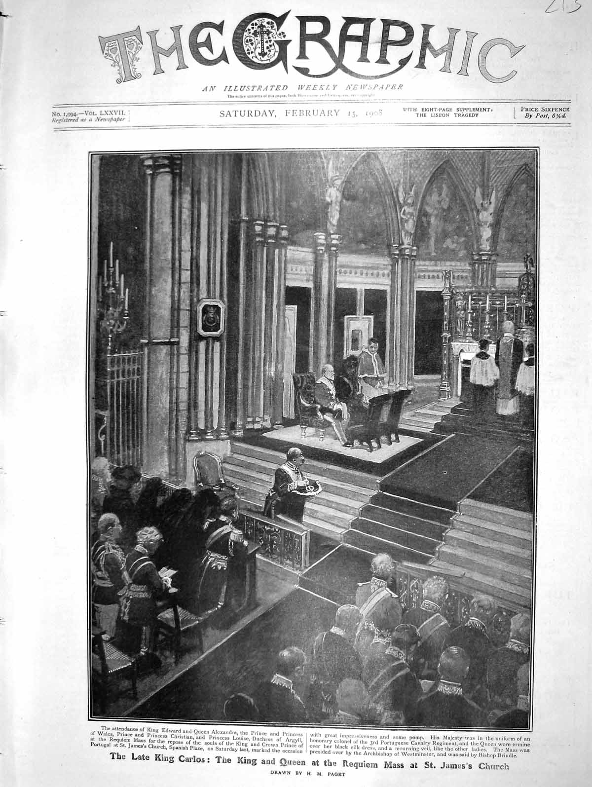 Old Antique Print 1908 King Carlos King Queen Requiem Mass James'C Church 20th