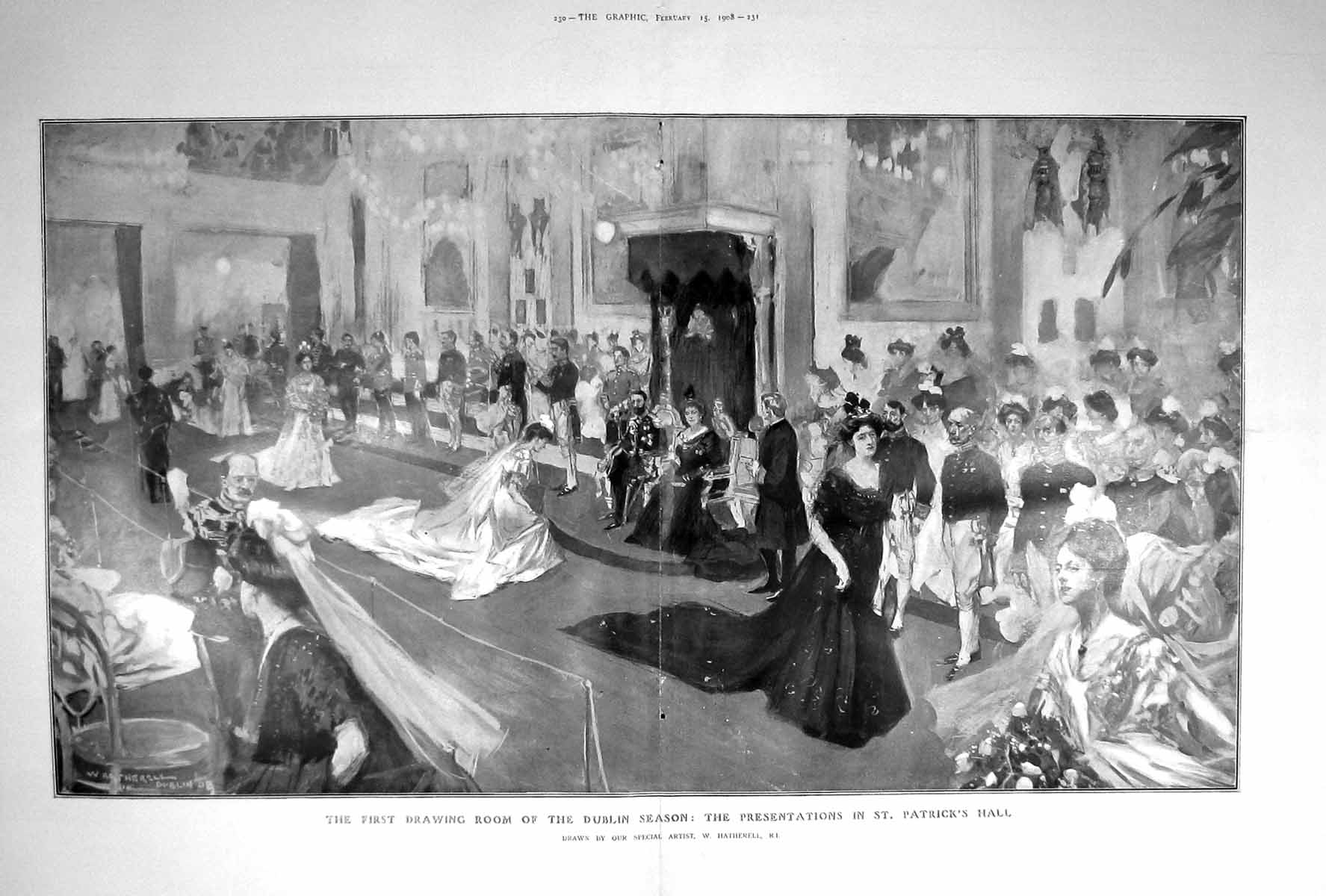 Old Antique Print 1908 Drawing Room Dublin Presentations Patrick'S Hall 20th
