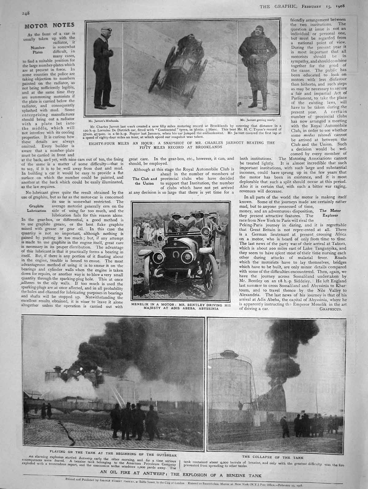 Old Antique Print 1908 Charles Jarrott Brooklands Oil Fire Antwerp Tank 20th