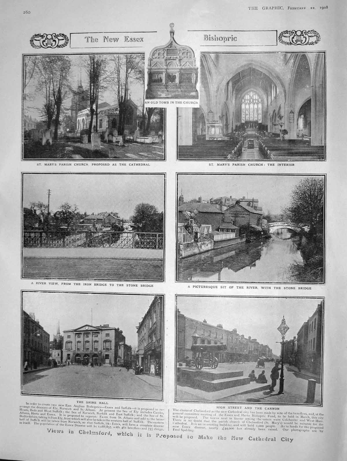Old Antique Print 1908 Mary'S Parish Church Chelmsford Lyttelton Grey Men 20th