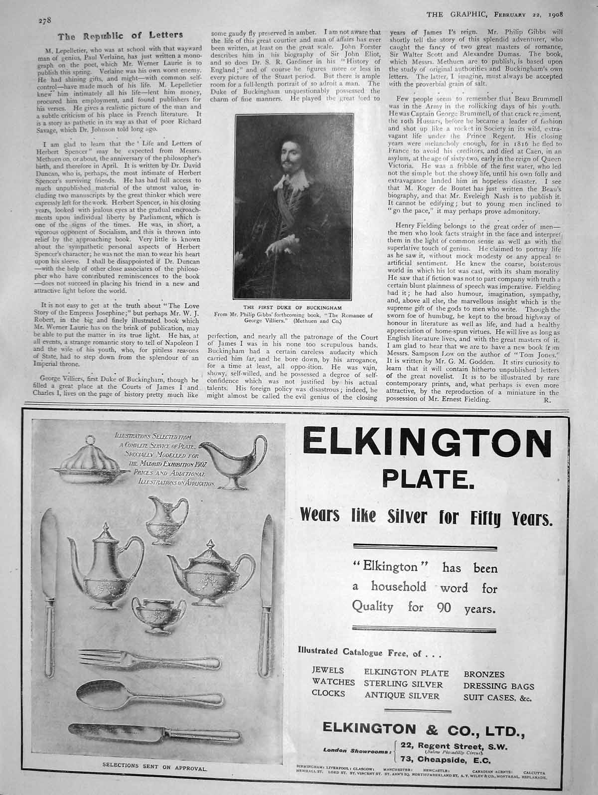 Original Old Antique Print 1908 Portrait Duke Buckingham Elkington Plate 20th