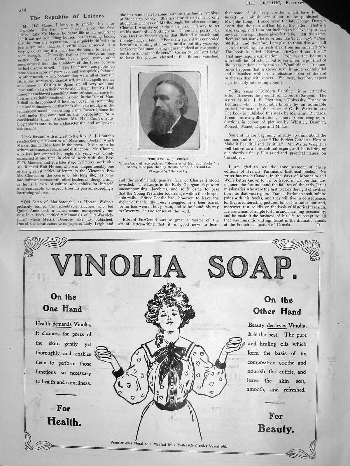Original Old Antique Print 1908 Portrait Rev. A.J. Church Quthor Vinolia Soap