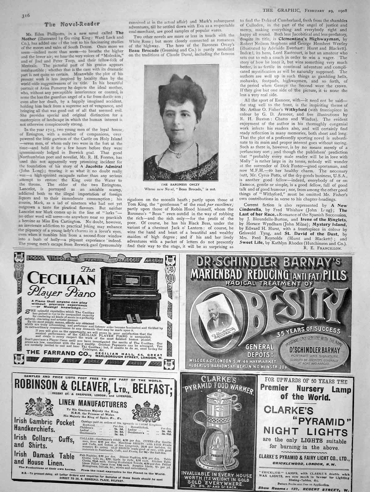 Original Old Antique Print 1908 Portrait Baroness Orczy Author Piano Clarke'S