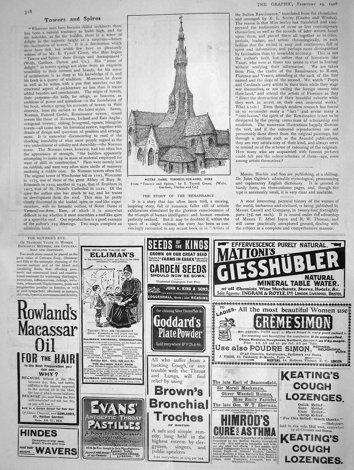 Old Antique Print 1908 Notre Dame Verneuil-Sur-Avre Eure Ellimans Goddard 20th