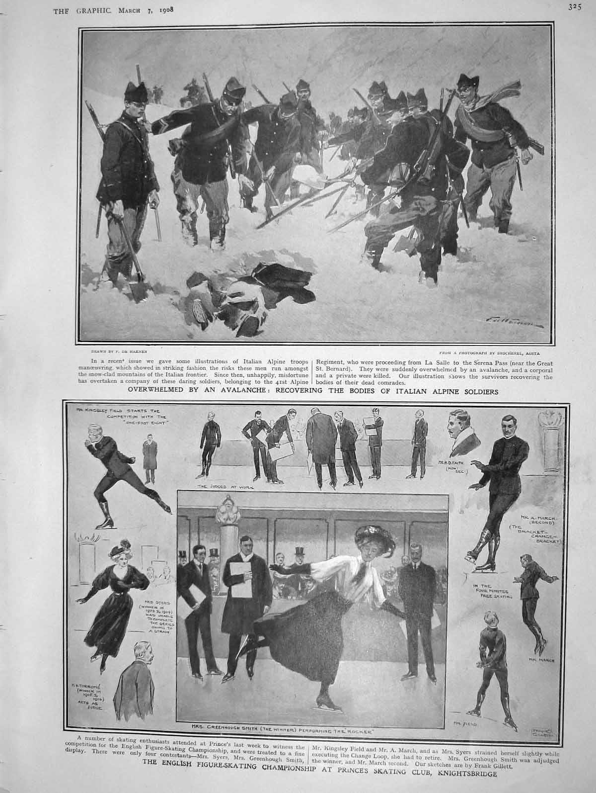 Original Old Antique Print 1908 Avalanche Siers Figure Skating Selby Coach Mail