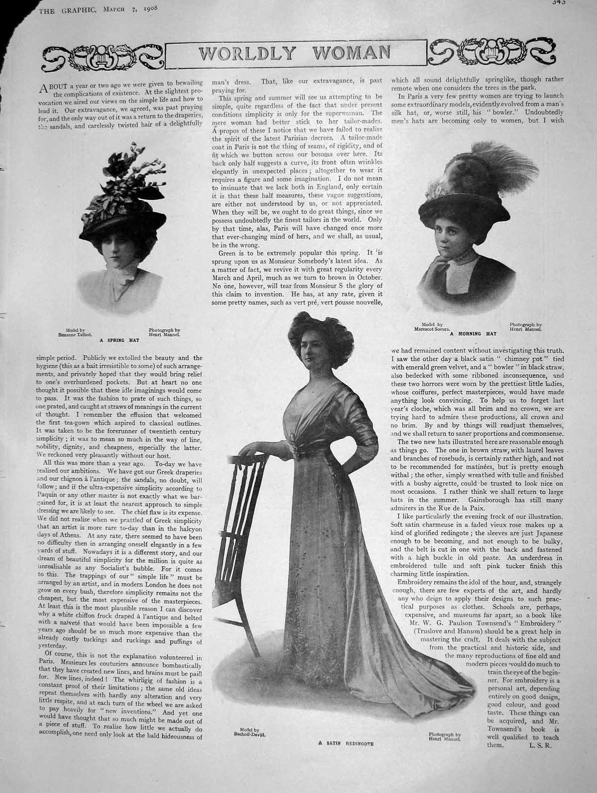 Old Antique Print 1908 Spring Hat Morning Satin Redingote Ladies Fashion 20th