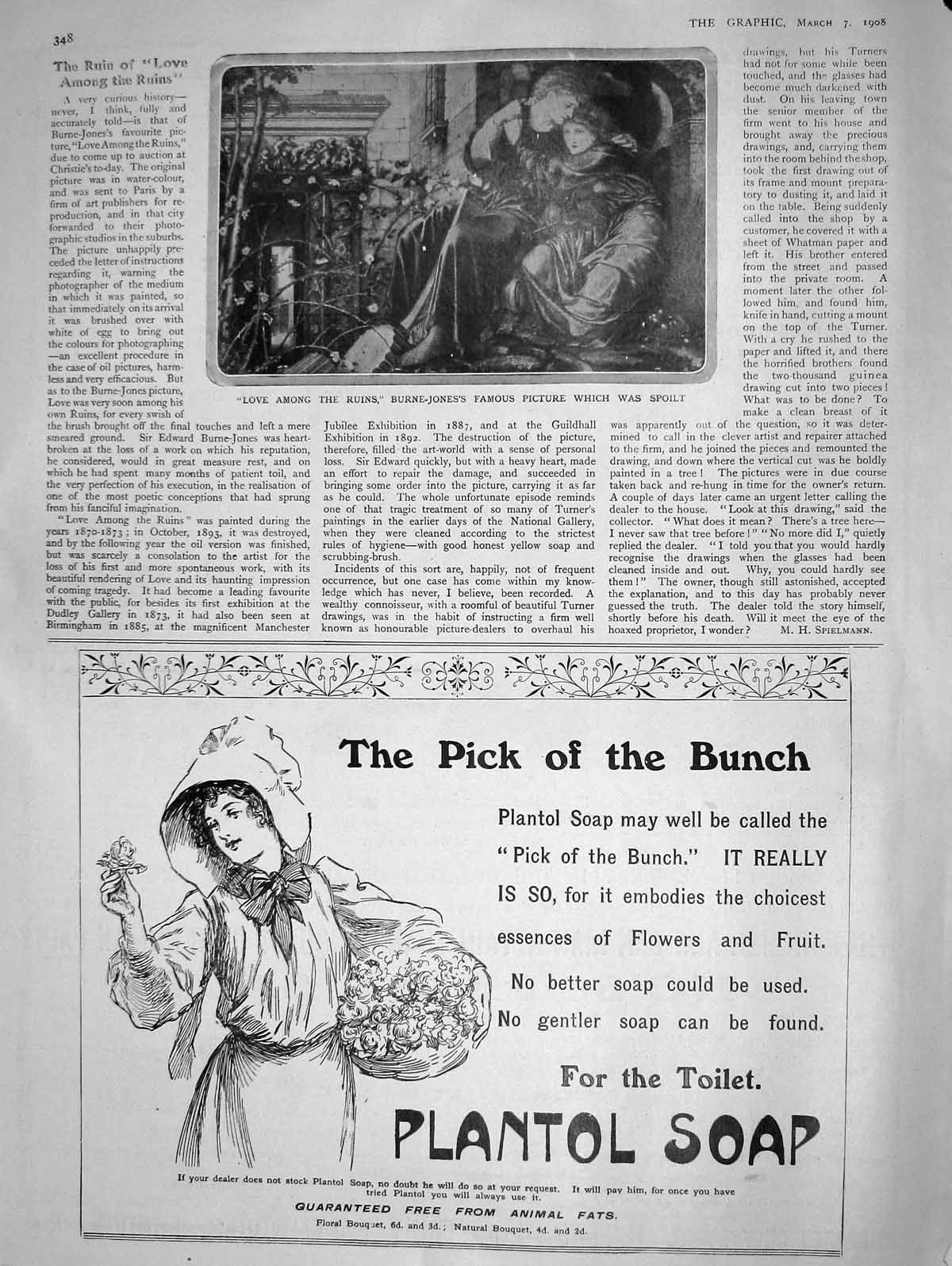Original Old Antique Print 1908 Love Among The Ruins Burne-Jones Plantol Soap