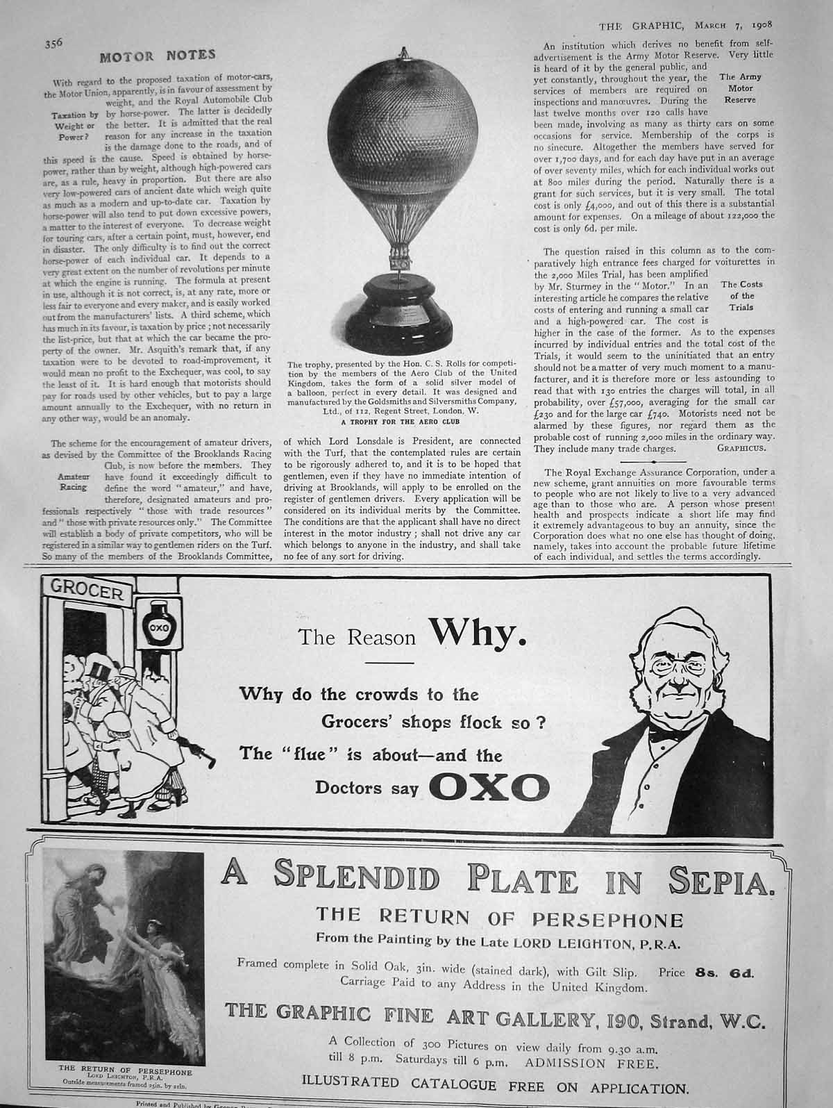 Original Old Antique Print 1908 Trophy Aero Club Silver Balloon Oxo Persephone