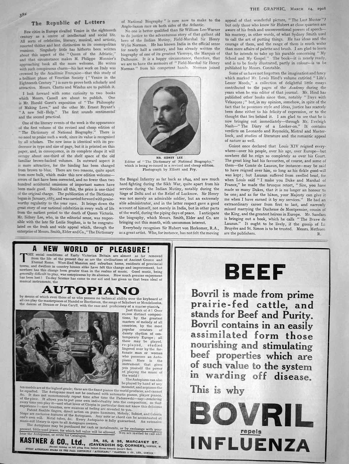 Original Old Antique Print 1908 Portrait Mr. Sidney Lee Editor Dictionary 20th