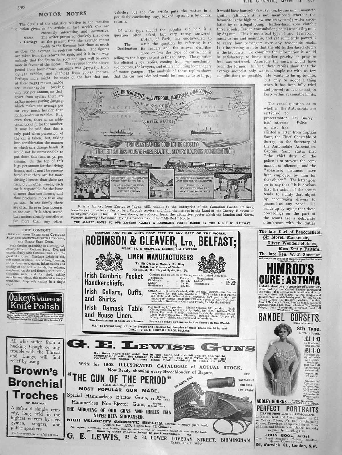 Original Old Antique Print 1908 Panoramic Poster Railway Map Lewis Guns Asthma