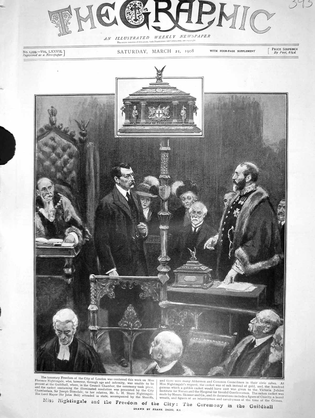 Old Antique Print 1908 Miss Nightingale Freedom City Ceremony Guildhall 20th