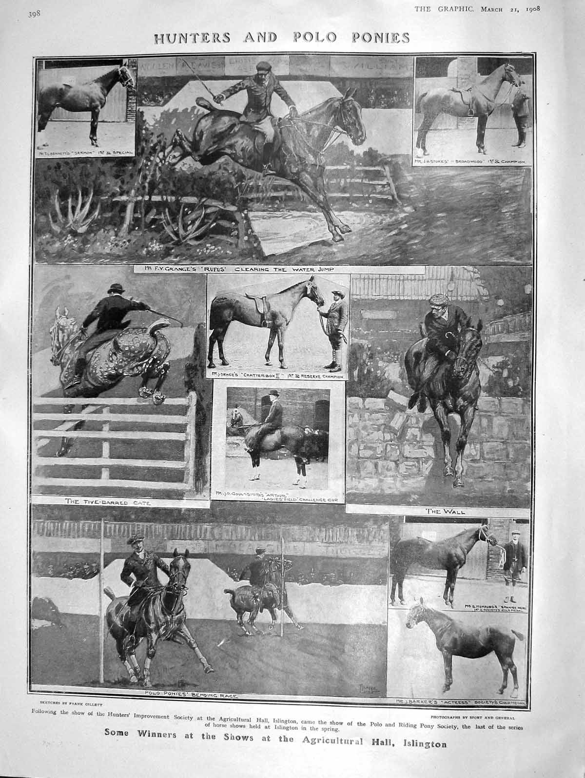 Original Old Antique Print 1908 Horses Hunters Polo Islington Heart Empire Mace