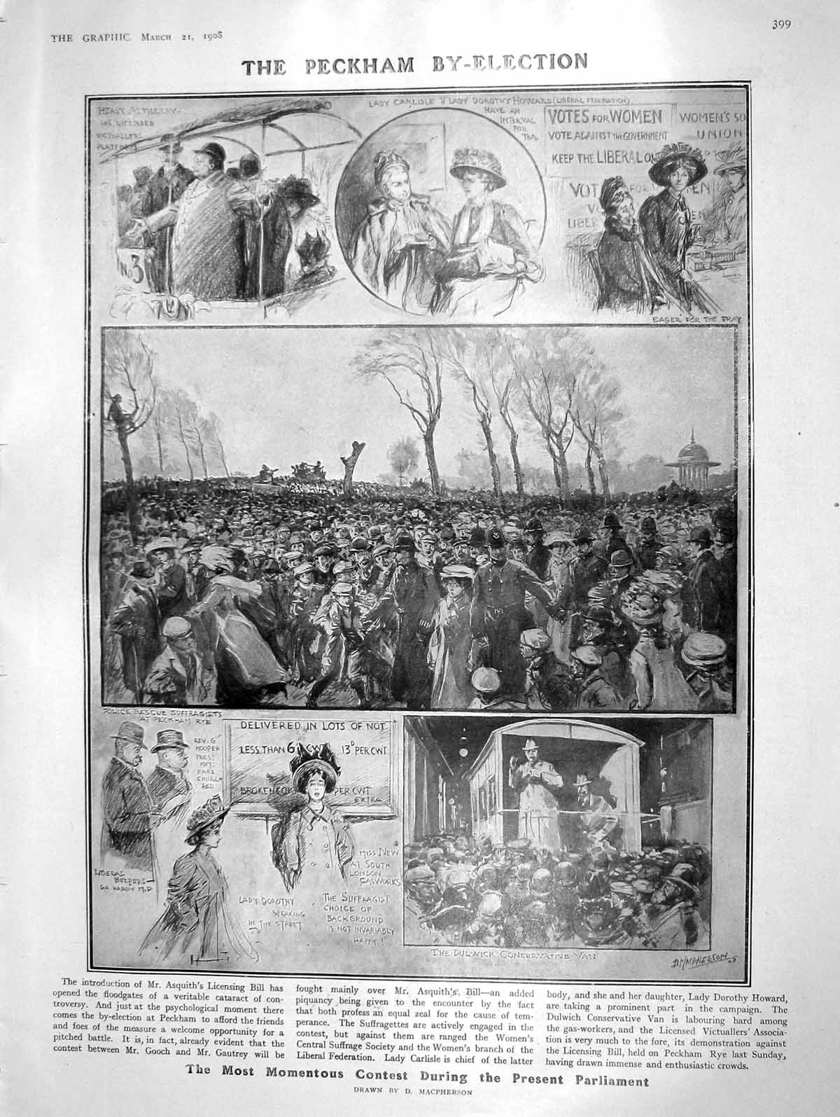 Old Antique Print 1908 Peckham Election Asquith Dorothy Allendale Ferrard 20th